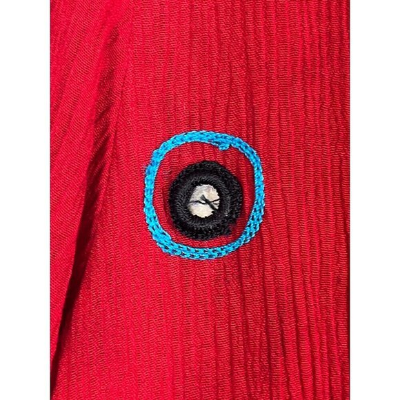 Retro Crinkle Floral Shirt 1X Red Embroidery Artsy 80s Ribbed Preppy Classic 80s - Picture 9 of 12